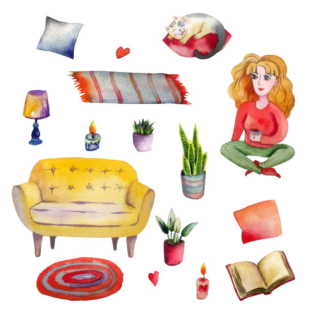 手绘水彩插图孤立在白色的背景。关于呆在家里的一大堆元素:女孩、沙发、枕头、灯、书、猫、植物。素材图片