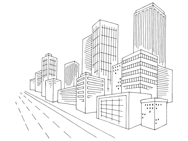 城市图形黑白城市景观天际线草图插图矢量图片下载