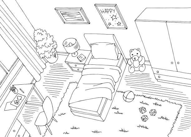 儿童房俯视图从上面的图形黑白色家庭室内草图插图矢量图片下载