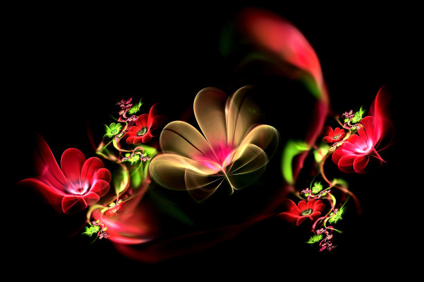 抽象分形三维花在黑暗的背景。彩色图像分形图片下载