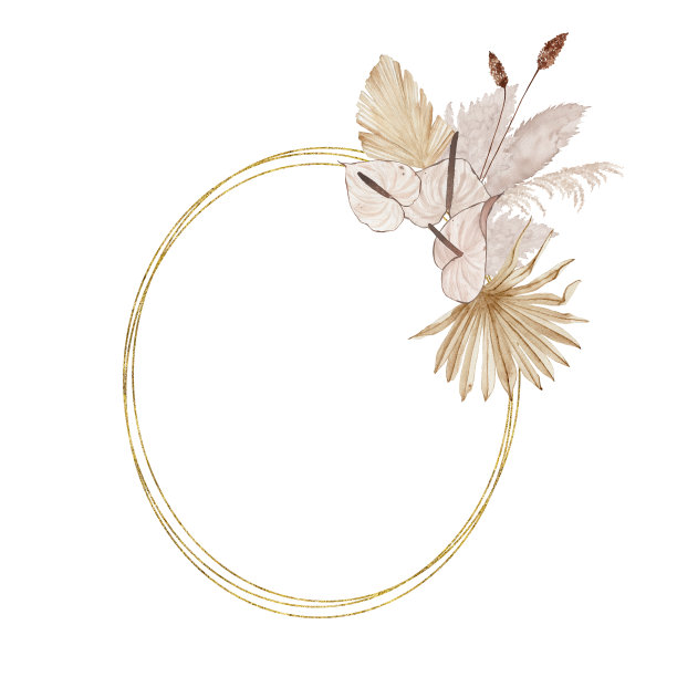 水彩夏季黄金热带框架与干棕榈叶，马蹄莲花图片下载