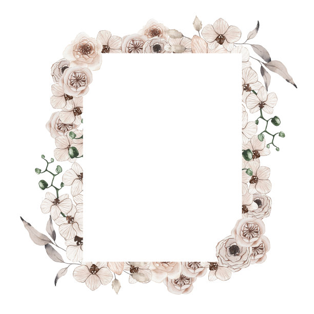 水彩夏季热带框架与干棕榈叶，兰花，玫瑰花图片下载