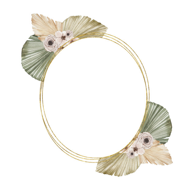 水彩夏季黄金热带框架与干棕榈叶，兰花，玫瑰花图片下载