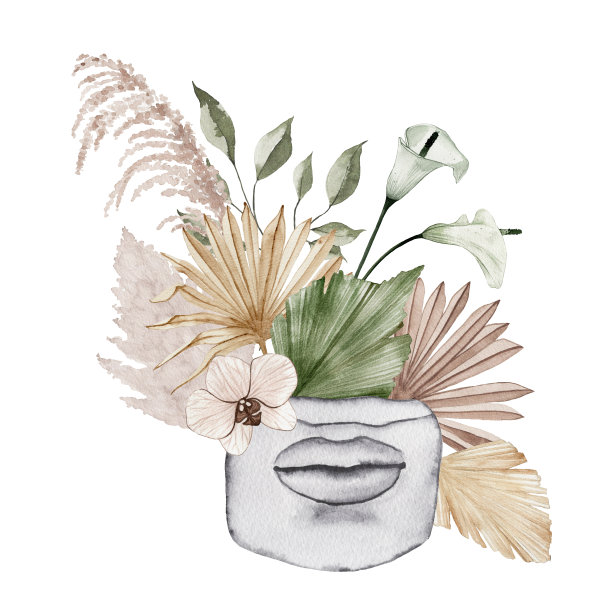 水彩古董大理石雕像的嘴唇和脸与波西米亚花图片下载