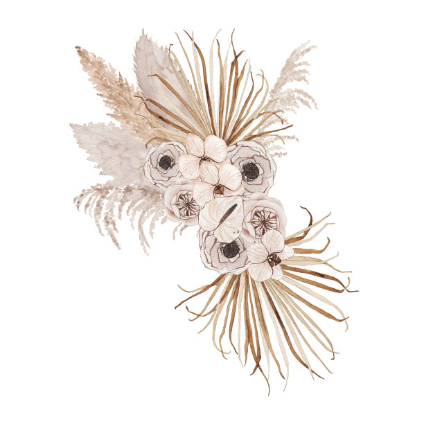 水彩夏季热带花束兰花玫瑰干棕榈叶图片下载