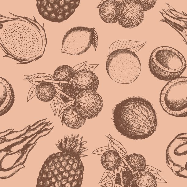 热带水果无缝图案。草图风格手绘矢量轨迹。图片下载