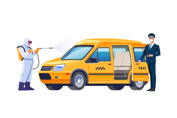 一个戴着面罩的出租车司机在车旁。戴着防护口罩和防护服的消毒工人在出租车里喷洒细菌或病毒。保护冠状病毒或covid-19。卡通向量。图片下载