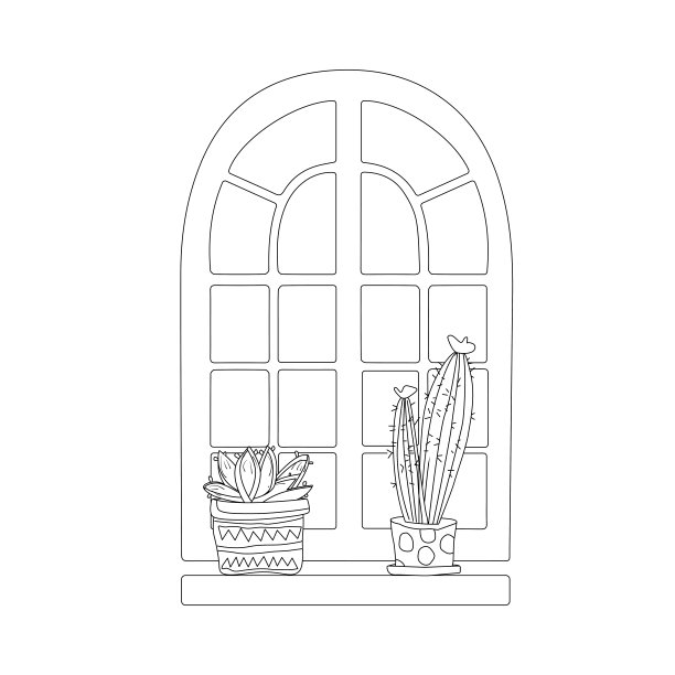 一对仙人掌在一个花盆的窗户上黑白的图标图片下载