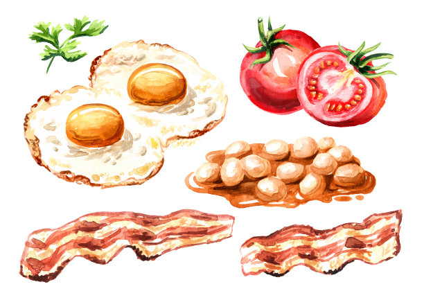 传统的英式早餐，有煎蛋，熏肉块，新鲜番茄和酱汁豆。手绘水彩插图孤立的白色背景图片下载