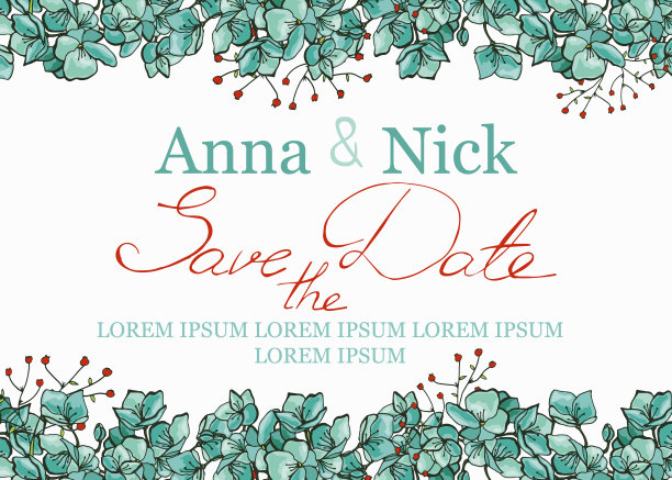 彩色矢量婚礼邀请卡模板与鲜花图片下载