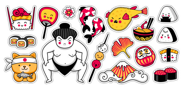 日本相扑，河豚，锦鲤，富士山，寿司。到日本旅游。一套卡通贴纸，补丁，徽章，别针。涂鸦风格。可爱的卡通矢量插图。图片下载