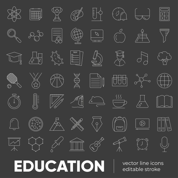 一组矢量线图标和符号在平面设计教育，学校，大学，科学与移动概念和web应用程序的元素。集线现代信息图形标志和象形图。图片下载