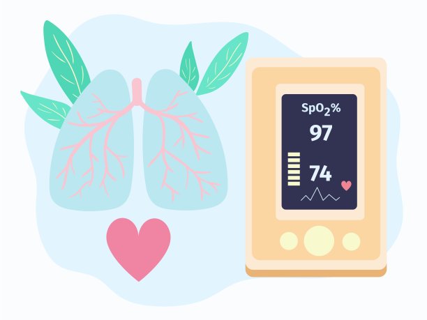脉搏血氧计向量。测量血氧饱和度。冠状病毒疫情期间肺部监测的医疗工具。图片下载