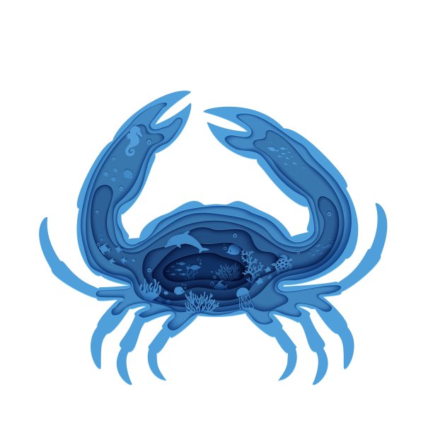 剪影的螃蟹剪纸。剪纸海洋蝴蝶鱼，水母，翻车鱼，海龟。用鱼、珊瑚礁、海床海藻波、矢量世界海洋日的概念制作水下海洋洞穴图片下载