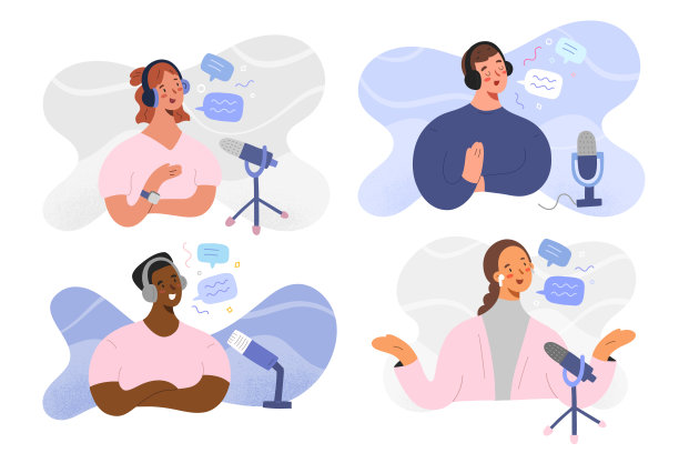 播客主持人，女性和男性角色录制广播节目，广播员在工作空间，孤立的矢量插图，平面卡通，博客制作内容与耳机，麦克风图片下载