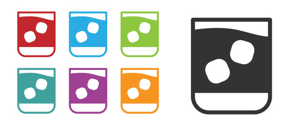 黑杯威士忌和冰块图标孤立在白色背景。设置图标丰富多彩。矢量图图片下载