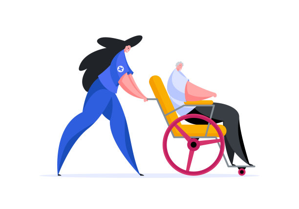 医生推着轮椅与年长的男性病人图片下载