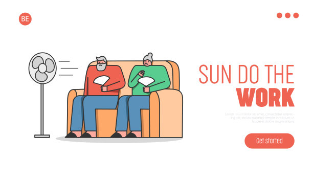 夏季炎热的一段时间。网站登录页面。在炎热的夏天，坐在沙发上的老年人用电扇来降温。网页卡通线性轮廓平面风格矢量插图图片下载