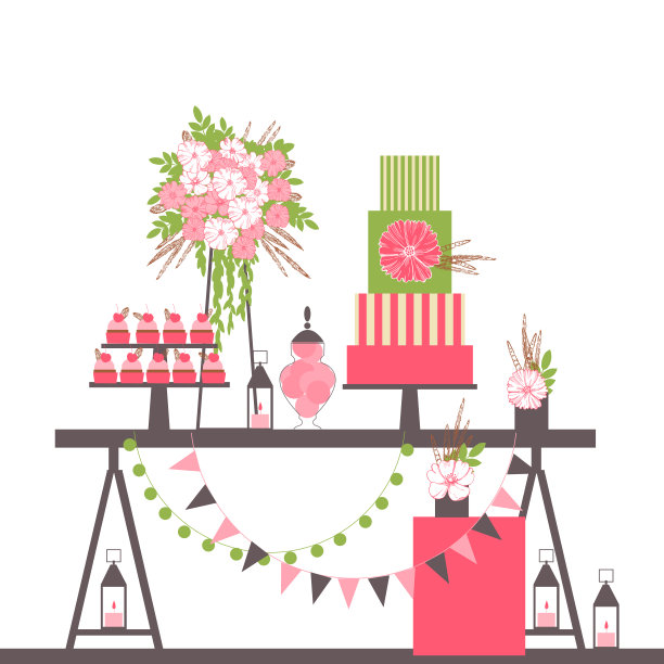 婚礼糖果棒与蛋糕和鲜花。甜点表。矢量插图。图片下载
