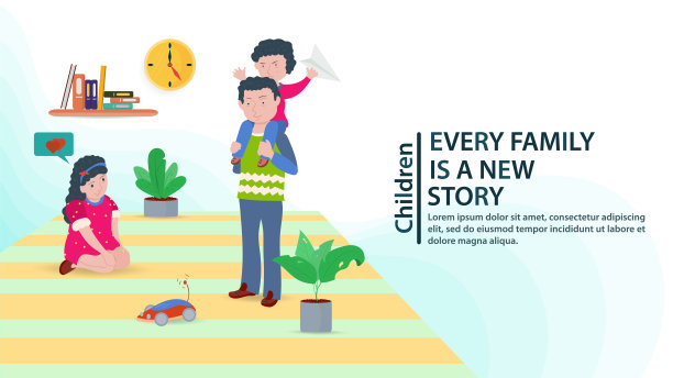 一个父亲与儿子在他的肩膀上和一个女儿在地板上玩打字机快乐的家庭照顾孩子横幅和网站设计概念矢量平面插图图片下载