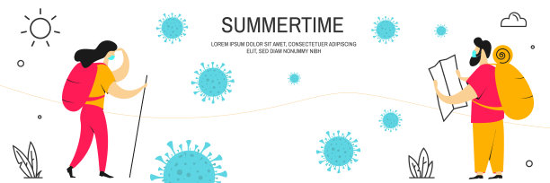 背着背包的男女游客都要戴口罩。向量。现代人性格矢量插画平面设计。在Web项目和应用程序中使用。徒步旅行水平横幅图片下载