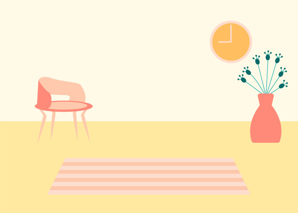 矢量室内平面设计插图。家中色彩缤纷的家具，简约的客厅，时尚的风格。设计一个舒适的房间，有室内装饰配件和植物。装饰元素图片下载