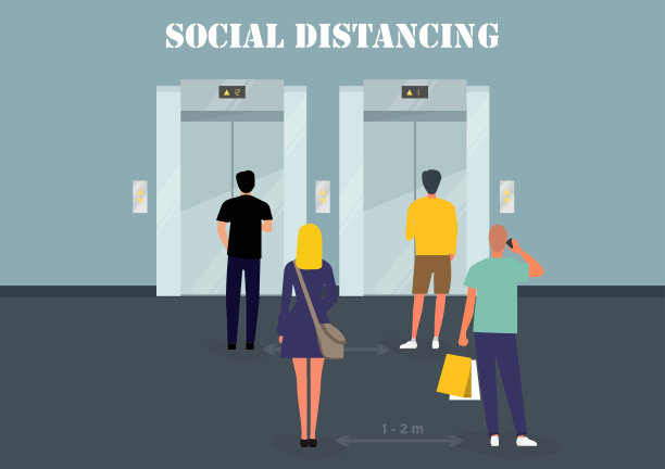 2019冠状病毒(Covid-19)大流行期间等电梯时的社交距离平面矢量设计概念。人们保持社交距离信息图表说明。图片下载