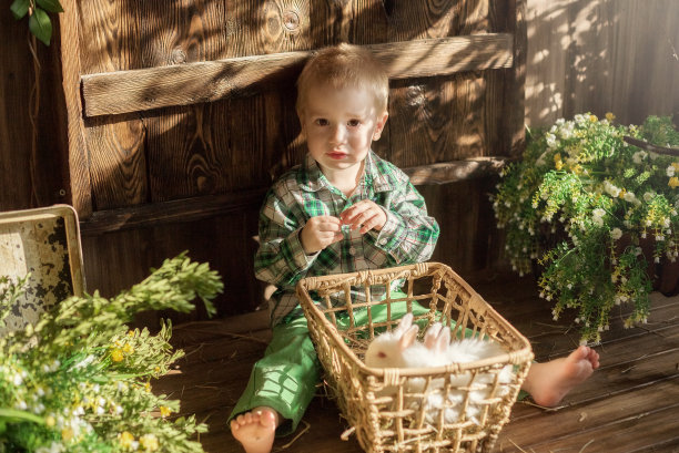 孩子在和小兔子、小鸭、小鸡玩图片下载