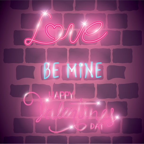 快乐的情人节标签在霓虹灯图标图片下载