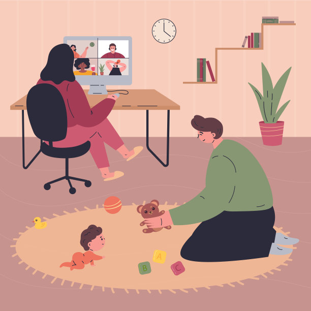 年轻的家庭在隔离期间远程工作图片下载