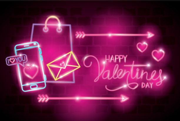 快乐的情人节标签在霓虹灯图标图片下载