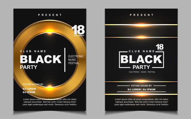 夜舞派对音乐封面布局设计模板背景采用典雅的黑色和金色风格图片下载