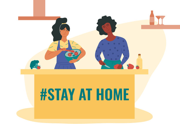 女人在厨房做饭，尝试新食谱。呆在家里标签矢量插图。预防冠状病毒图片下载