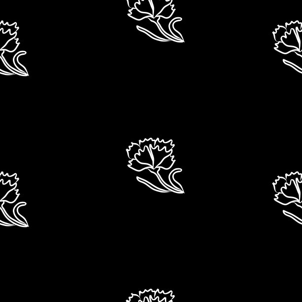 黑色无缝向量图案与白色康乃馨花。花卉艺术连续插画。图片下载