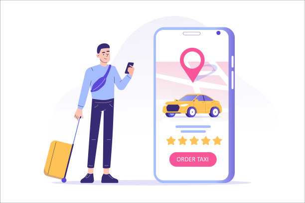 网上出租车订购概念。年轻人提着行李箱站在那里，通过智能手机应用在网上预订出租车或租车。应用程序屏幕与汽车和定位针在地图上。矢量图图片下载