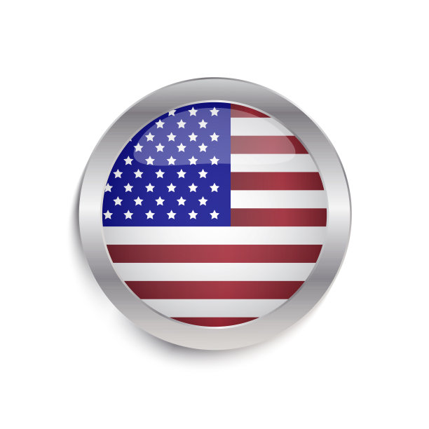 按钮与美国国旗的形象在一个钢笔划在白色的背景。矢量插图。股票的照片。图片下载