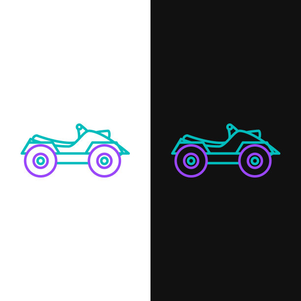 白色和黑色背景上的绿色和紫色全地形车或沙滩摩托车图标。四轮摩托车。极限运动。矢量图图片下载