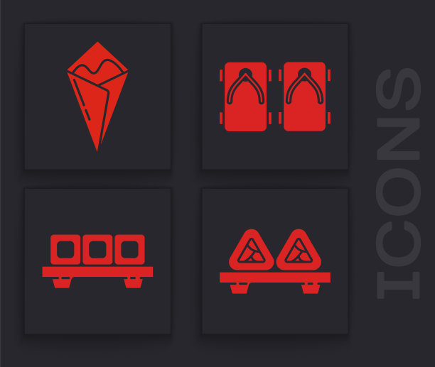 设置寿司在切板，天木卷，Geta传统日本鞋和寿司在切板图标。向量图片下载