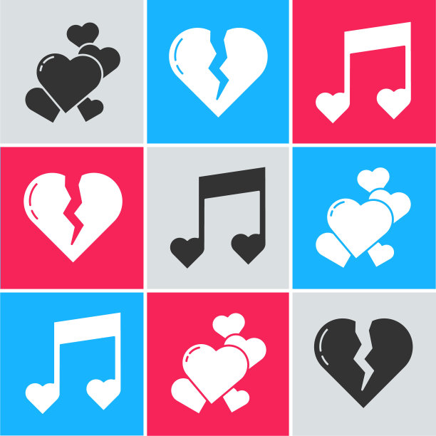 Set Heart, Broken Heart or divorce and Music note, tone with hearts icon。向量图片下载