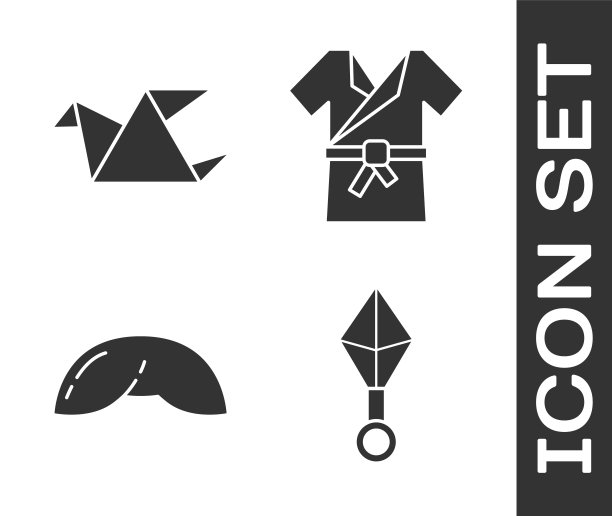 设置日本忍者飞镖，折纸鸟，中国幸运饼干和日本服装和服图标。向量图片下载