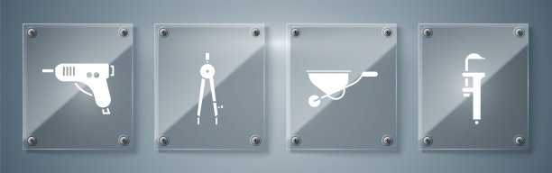 设置卡尺或卡尺和刻度，手推车，绘图指南针和电动热胶枪。方形玻璃面板。向量图片下载