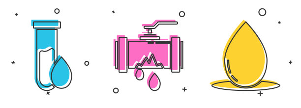 设置汽油测试管，破裂的金属管漏水和油滴图标。向量图片下载