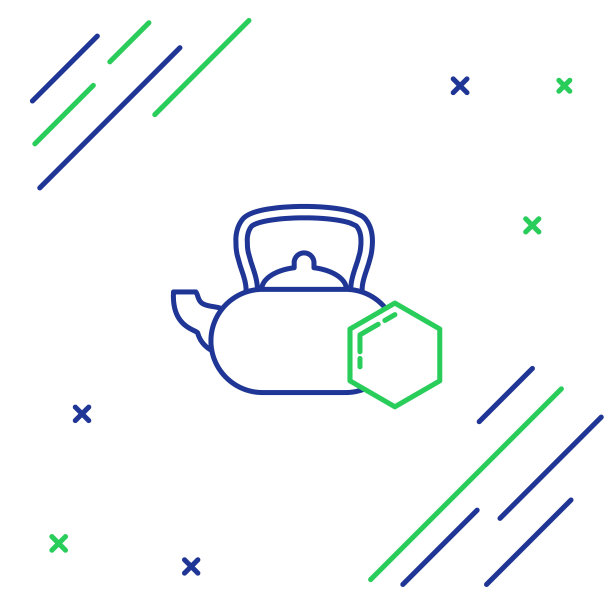 蓝色和绿色线茶壶与蜂蜜图标孤立在白色的背景。甜蜜的天然食品。色彩斑斓的轮廓的概念。矢量图图片下载