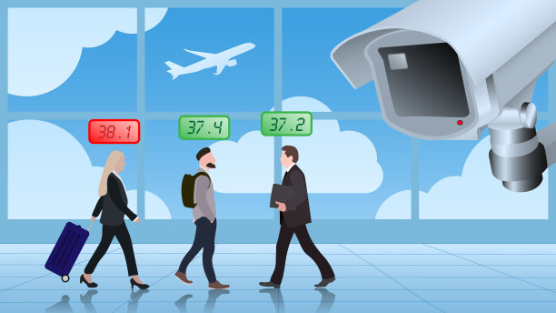 热成像摄像机或闭路电视在机场候机楼寻找病人、体温或发烧控制的矢量图图片下载