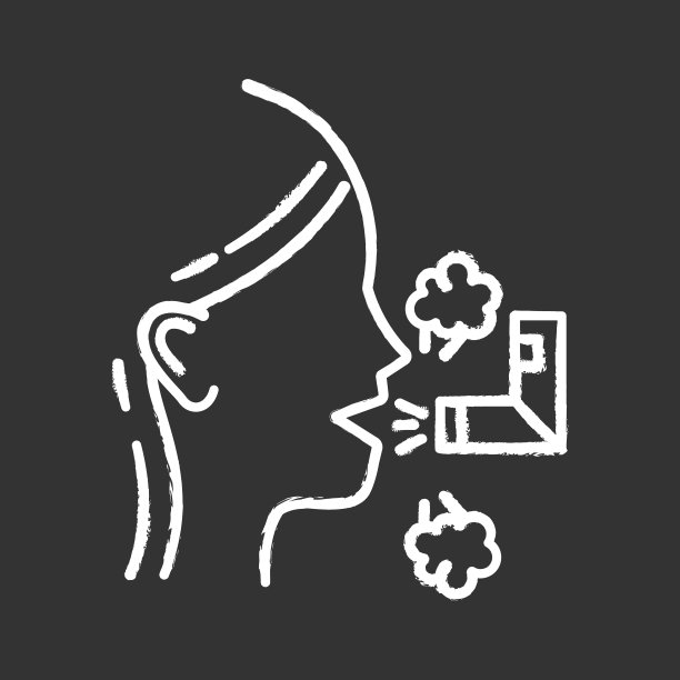 吸入粉笔图标。呼吸道疾病治疗。疾病的援助。哮喘的帮助。治疗呼吸问题。有喷雾器的女孩生病了。医疗保健。感冒。孤立矢量黑板插图图片下载