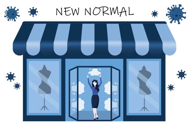 新冠肺炎大流行后的新常态概念。人们戴着口罩走进商店的自动EM消毒门，防止疾病爆发。图片下载