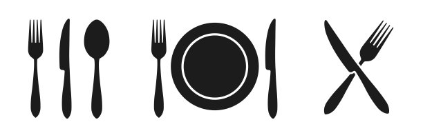 一套叉，勺，盘子和刀的图标，餐具，晚餐服务标志:叉，刀，勺和盘子- stock向量图片下载
