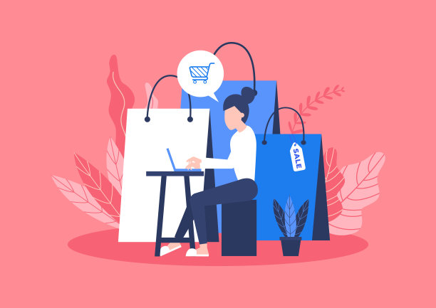 网上购物的概念。一个女人坐在那里，手里拿着一袋网购的商品。素材图片