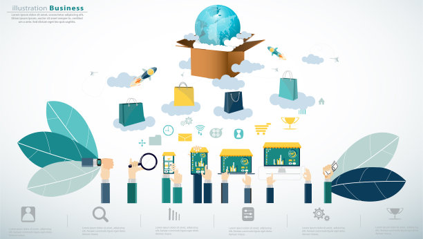 手势握和使用手机，平板电脑，笔记本电脑，电脑，平式风格，网上购物概念与纸盒，云，地球，图标，纸袋，纸火箭折叠，信息图形模板。图片下载