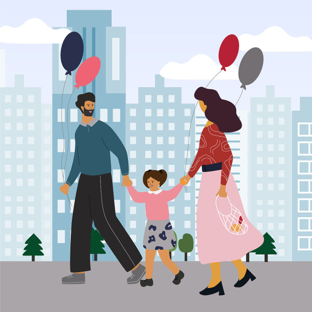 幸福的家庭漫步在城市或公园图片下载